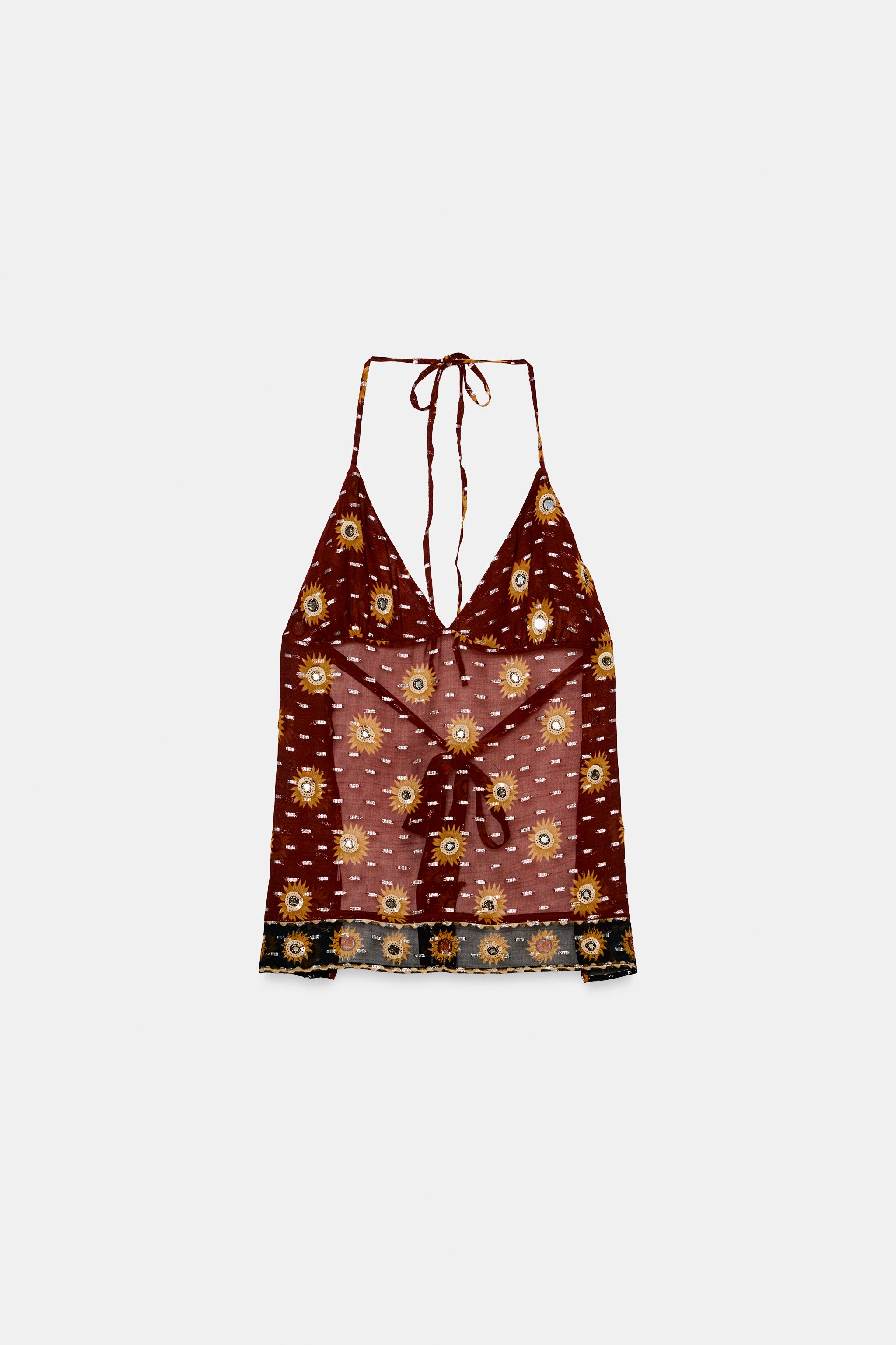 BEADED PRINT GEORGETTE HALTER TOP